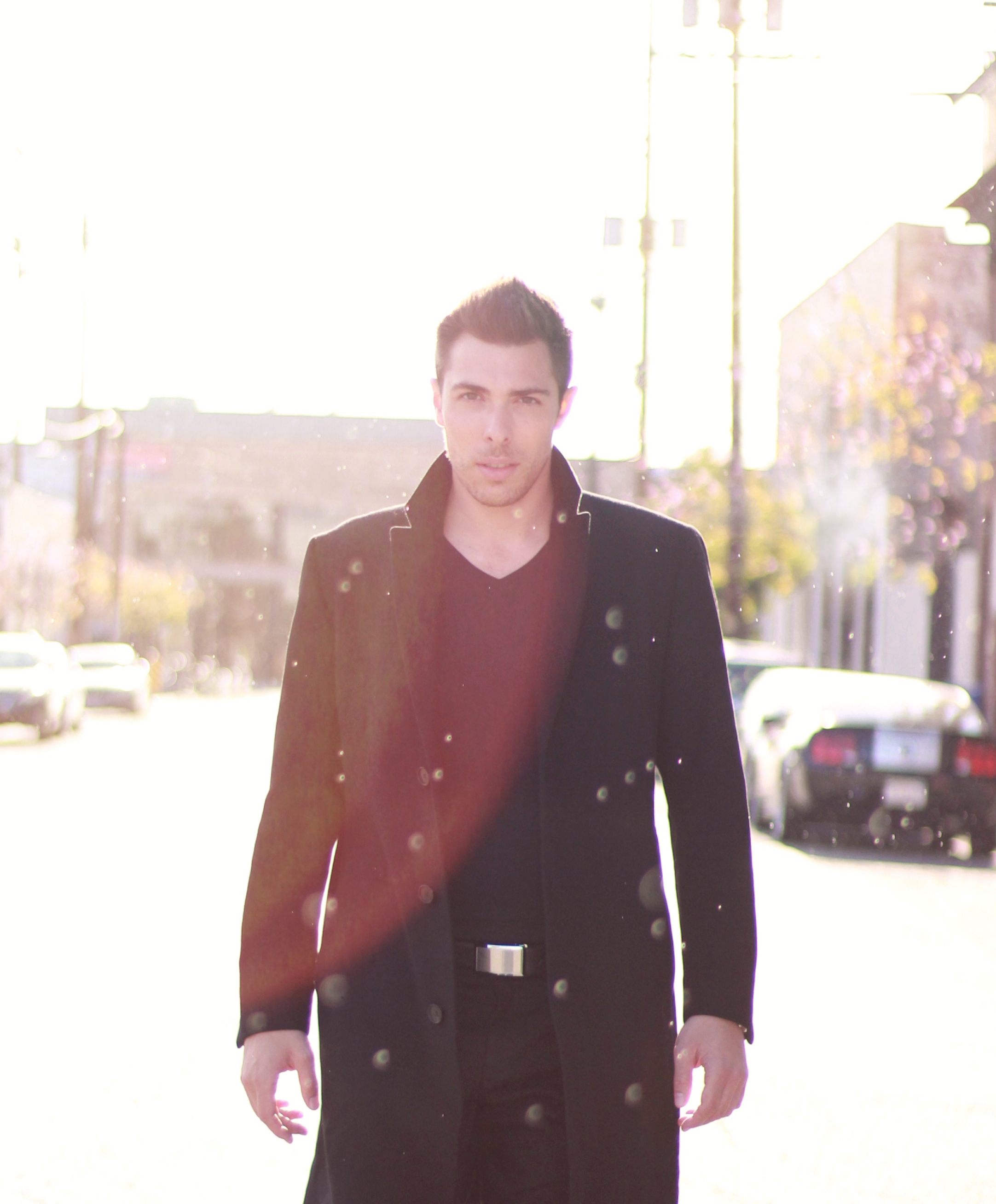 Alex Veach (Alexander Veach) LA street style, long overcoat at golden hour.