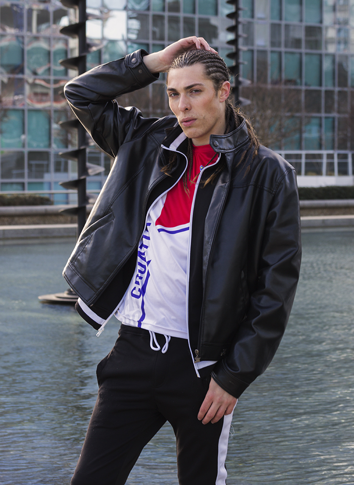 Alex Veach (Alexander Veach) La Defense Paris editorial in leather jacket.