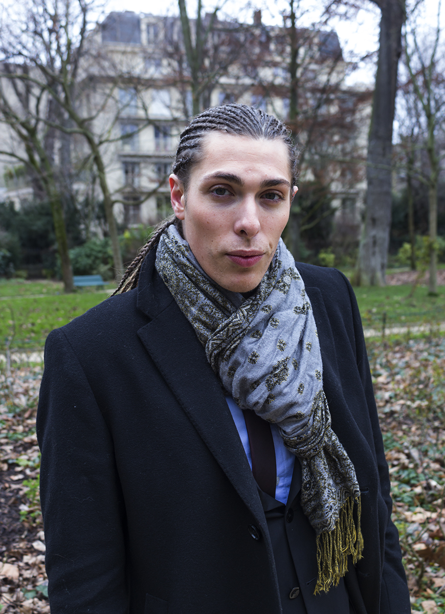 Alex Veach (Alexander Veach) Paris editorial portrait, patterned scarf and wool coat in a park.
